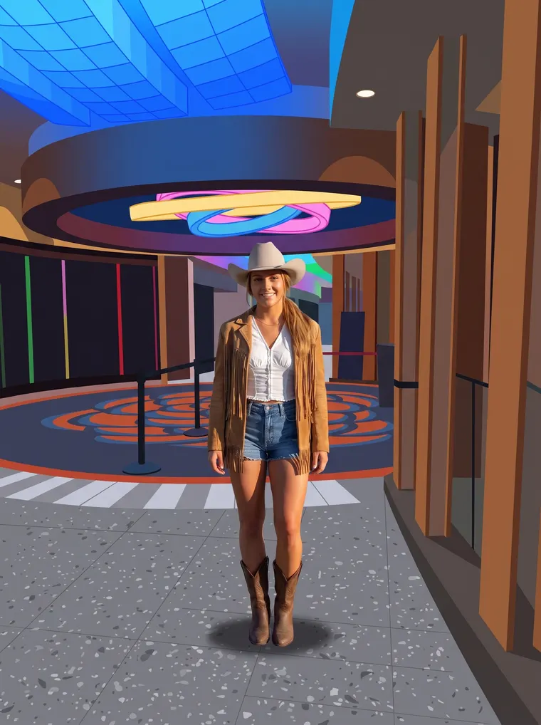 Woman in a cowboy hat in the casino entrance hall