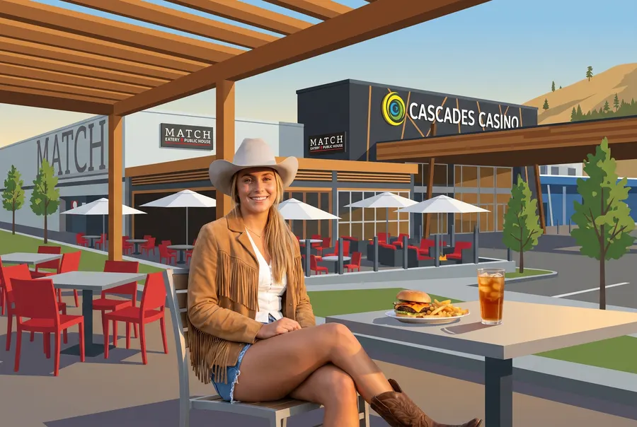 Woman with a burger on the casino pub patio